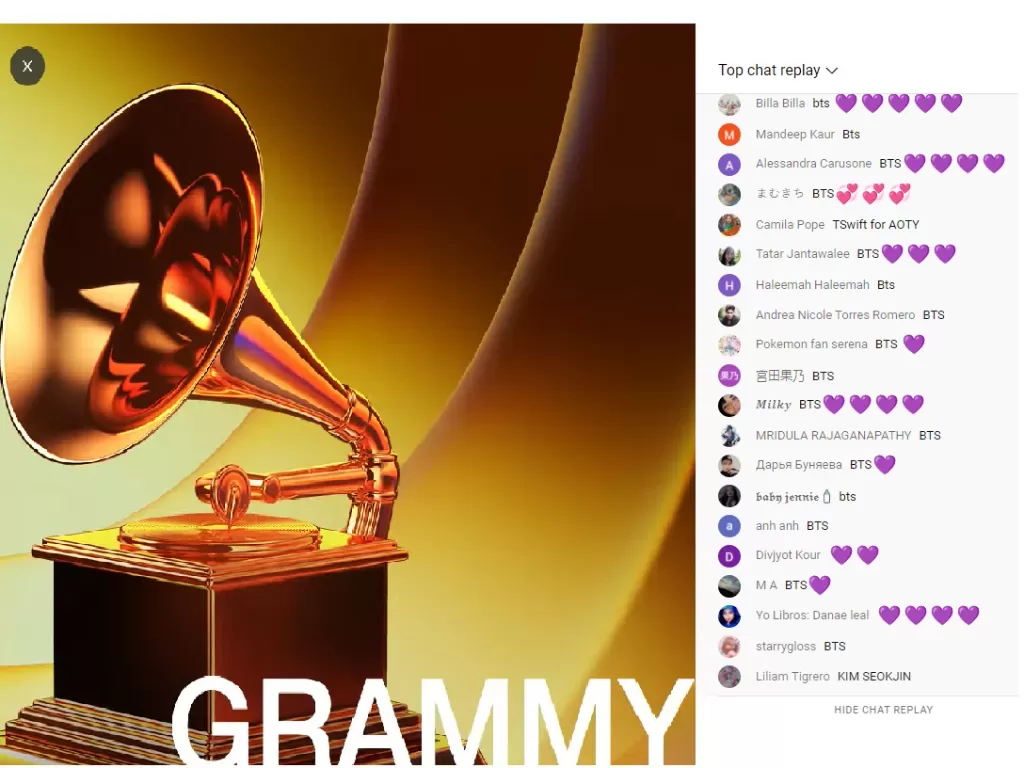 Tangkapan layar nominasi Grammy dan fans BTS. (Youtube/GRAMMY).