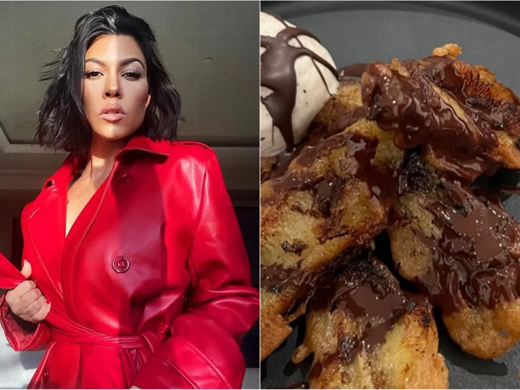 Kiri: Kourtney Kardashian. (Instagram/@kourtneykardash) / Kanan: Pisang goreng yang dimakan Kourtney (Twitter/@graciousgazelle)