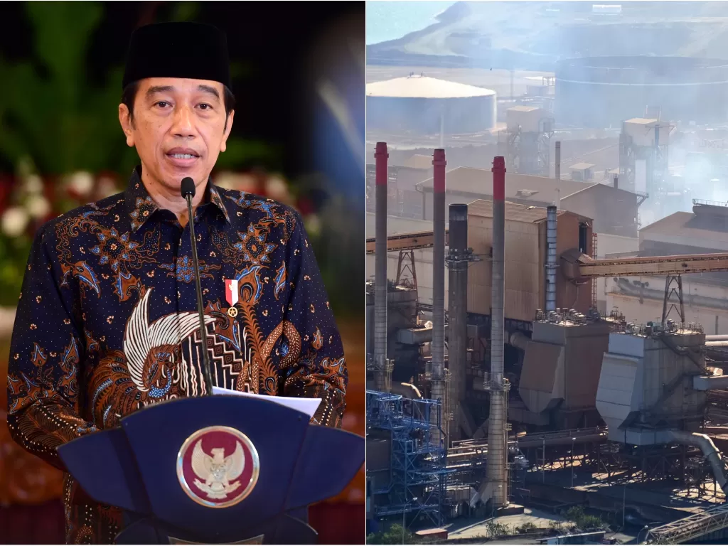 Kiri: Presiden Jokowi (ANTARA FOTO/Biro Pers dan Media Kepresidenan/Muchlis Jr) / Kanan: Ilustrasi pabrik (Unsplash/Jeremy Bezanger)