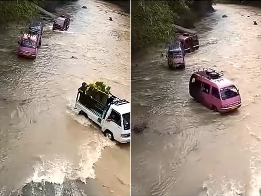 Rombongan mobil yang melintasi sungai. (Facebook/Bayu Aji)