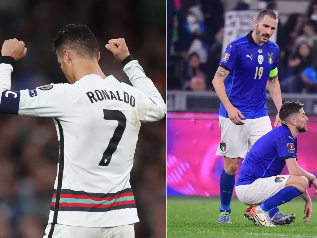 Cristiano Ronaldo (kiri), Leonardo Bonucci dan Jorginho (kanan) (REUTERS/Paul Childs/Alberto Lingria)