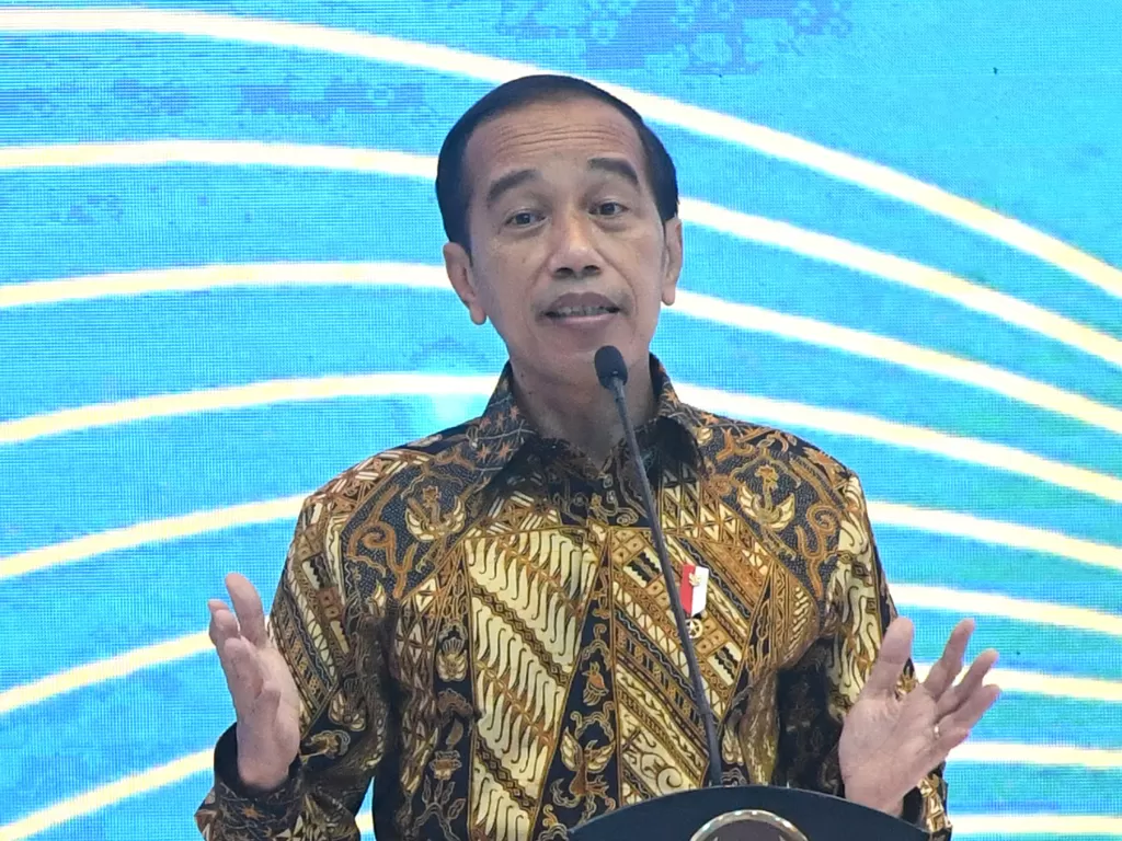 Presiden Joko Widodo menyampaikan pidato pada Pertemuan Tahunan Bank Indonesia (BI) di Jakarta, Rabu (24/11/2021). (ANTARA FOTO/HO/ BPMI Setpres/Lukas/aww)
