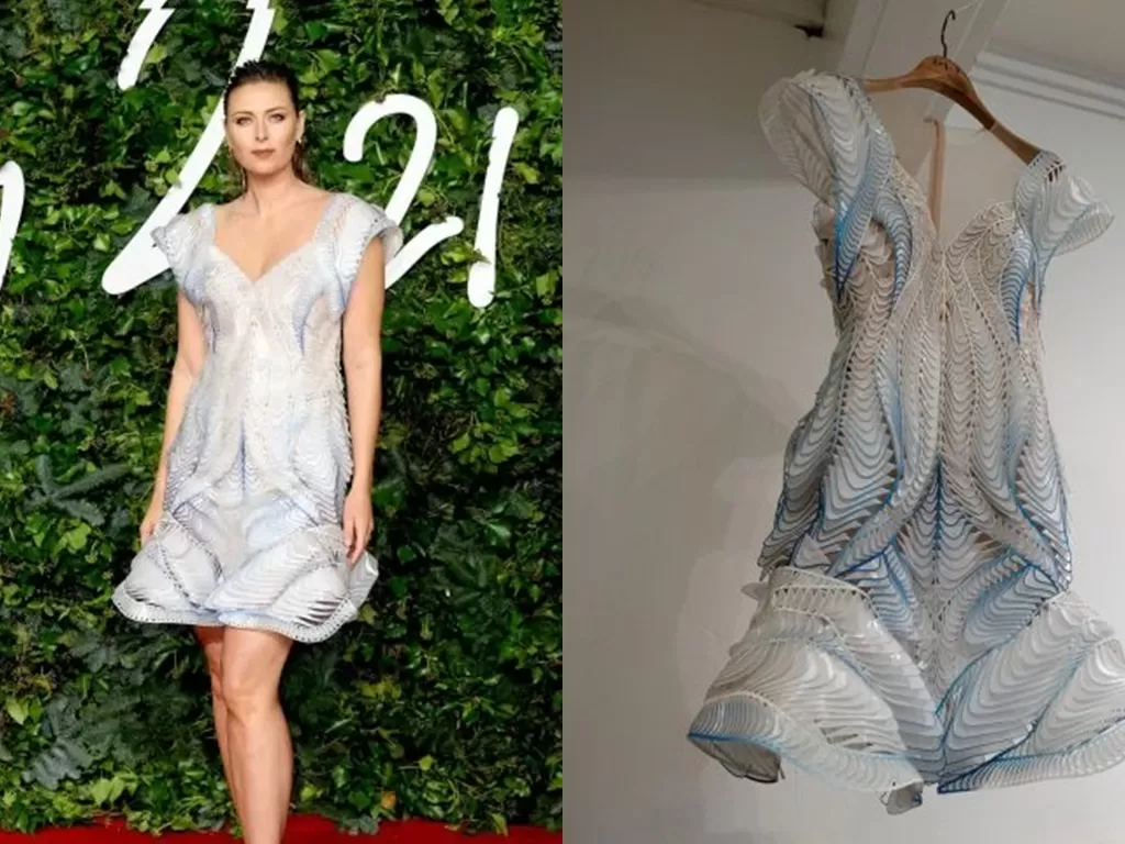 Maria Sharapova (kiri) dan gaun berhahan daur ulang botol air (kanan). (photo/Dok. Vogue/Mike Marsland/Evian)