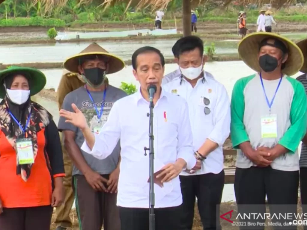  Presiden Jokowi usai menanam padi bersama para petani di Kabupaten Trenggalek, Jawa Timur, sebagaimana disiarkan Youtube Sekretariat Presiden, Selasa (30/11). (photo/ANTARA/Indra Arief)