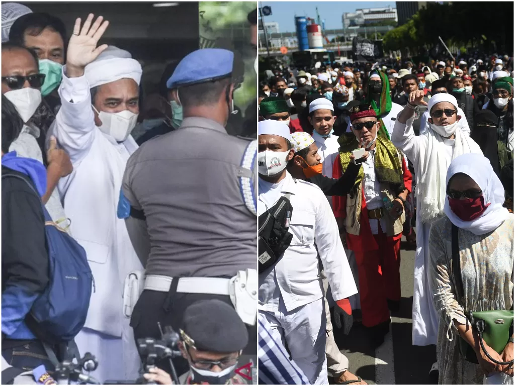 Kiri: Habib Rizieq Shihab bersiap menjalani pemeriksaan di Mapolda Metro Jaya, Jakarta, Sabtu (12/12/2020) (ANTARA FOTO/Hafidz Mubarak A/Arsip).  Kanan: Massa mengikuti aksi reuni 212 di Jakarta, Kamis (2/12/2021). (ANTARA FOTO/Akbar Nugroho Gumay)