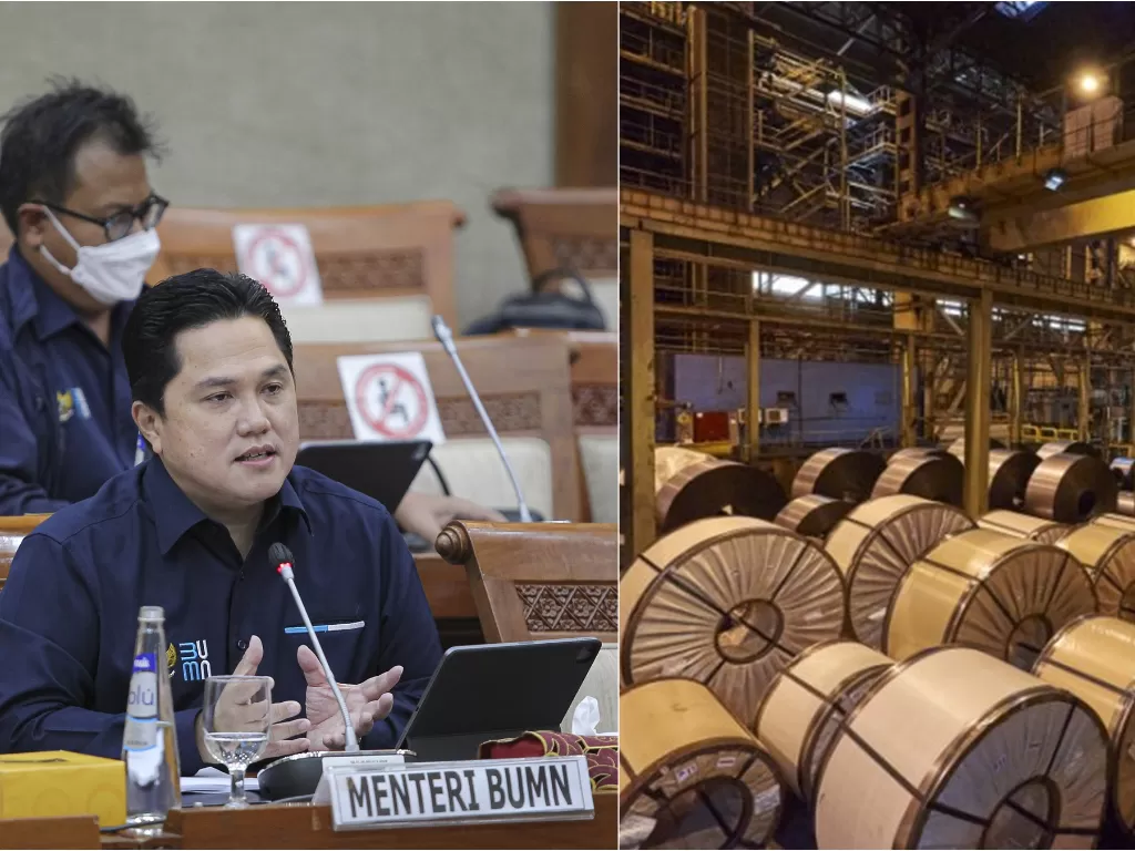 Kiri: Menteri BUMN Erick Thohir (ANTARA FOTO/Dhemas Reviyanto) / Kanan: Pabrik PT Krakatau Steel (Antara/Humas PT KS)