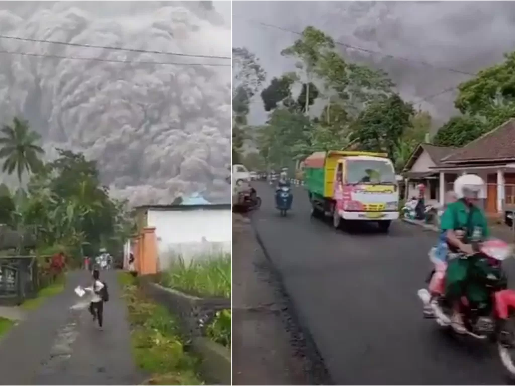 Warga berlari menjauhi erupsi Gunung Semeru (Istimewa)