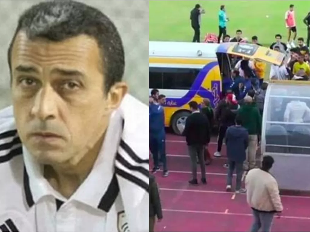 Kiri: Adham El-Selhadar, pelatih klub Mesir yang meninggal dunia / Kanan: Proses evakuasi sang pelatih usai pingsan akibat serangan jantung. (Mirror)