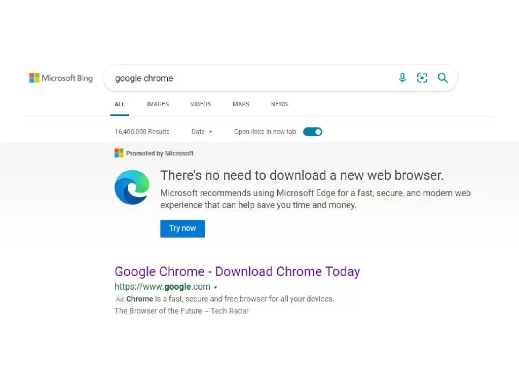Hasil pencarian Google Chrome di mesin pencari Bing (photo/Screenshot/INDOZONE)