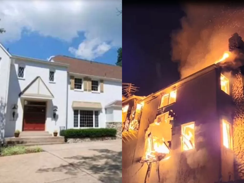 Penampakkan rumah sebelum dan saat terbakar. (Twitter/mcfrsPIO)