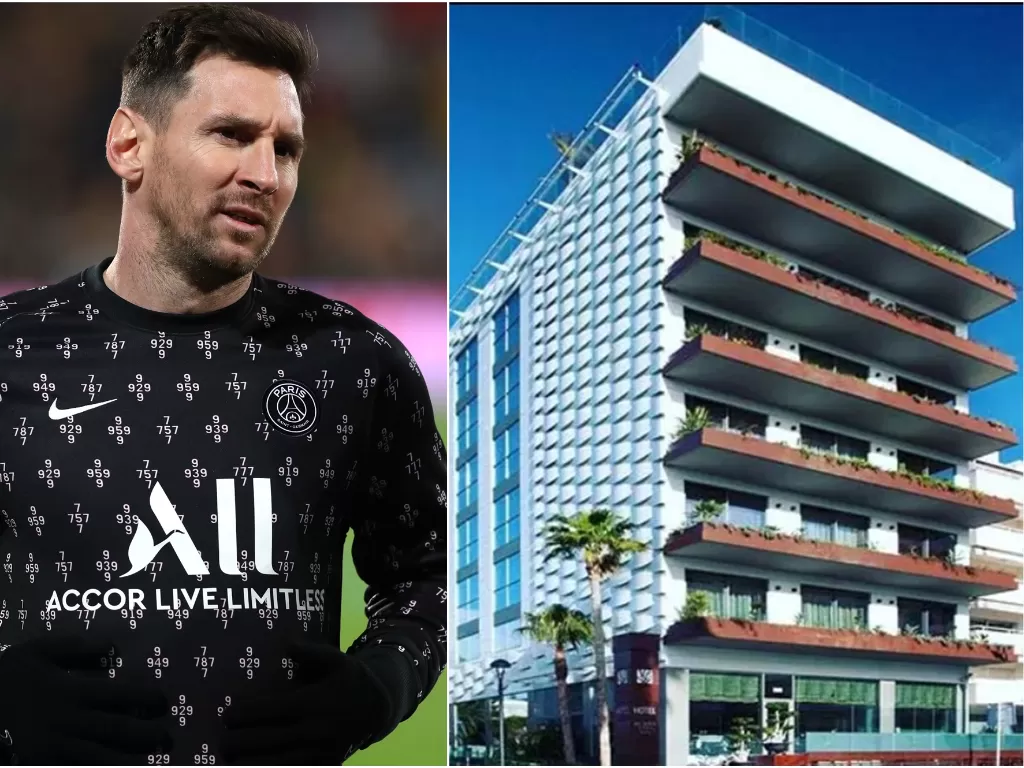 Kiri: Pemain PSG Lionel Messi. (REUTERS/Pascal Rossignol) / Kanan: Hotel MiM Sitges milik Messi yang terancam dibongkar. (SunSport)