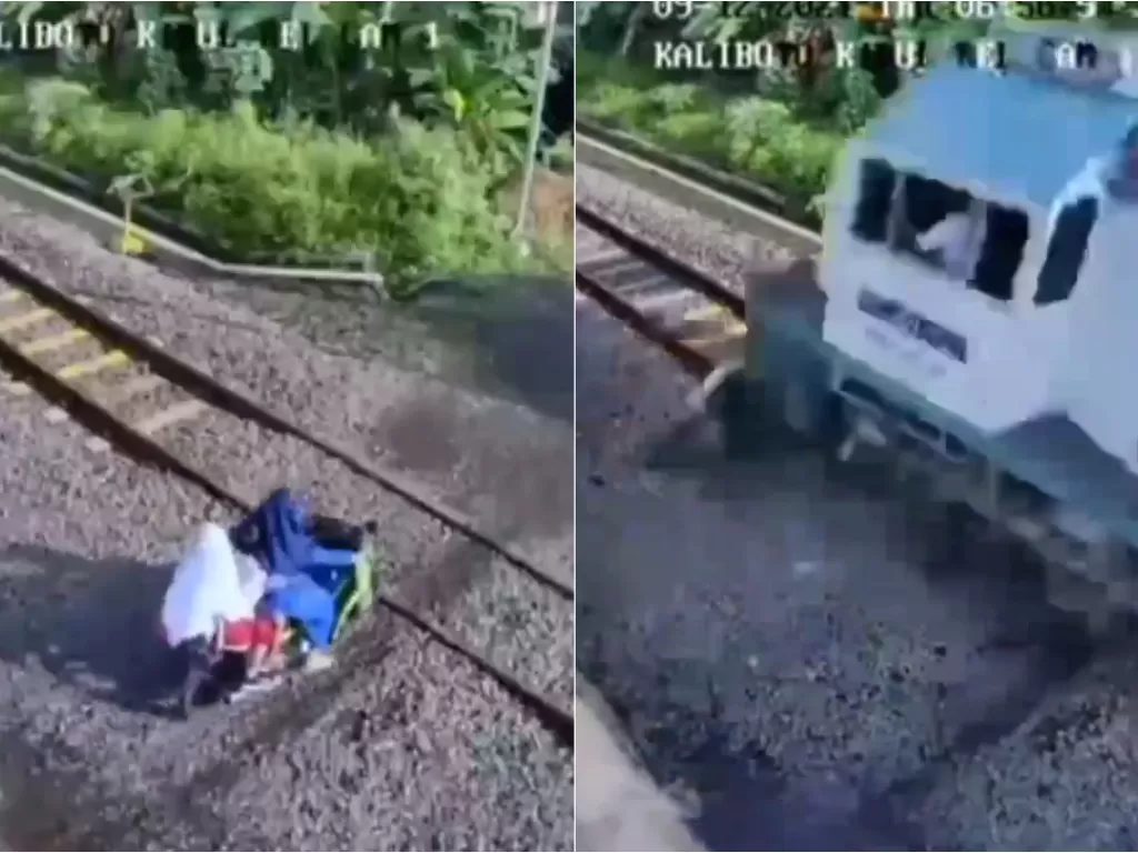 Emak-emak dan dua anak nyaris ditabrak kereta api (Twitter/@Mei2Namaku)