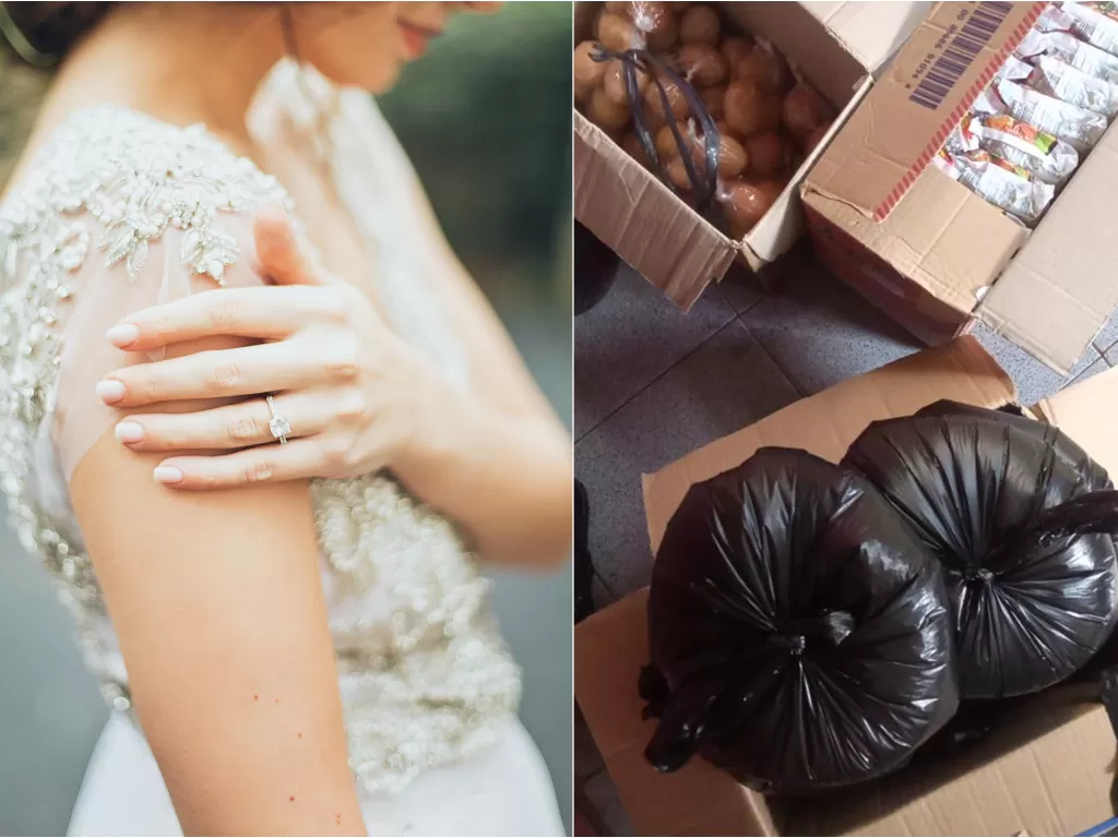 Kiri: Ilustrasi orang menikah. (Pexels/Elina Sazonova) / Kanan: Sembako yang dibeli oleh warganet usai batal nikah. (Twitter/@FOOD_FESS)