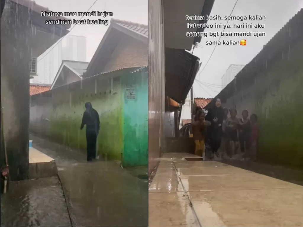 Video viral di Tiktok tentang seorang wanita yang main hujan untuk healing. (Tiktok/@sra19__).