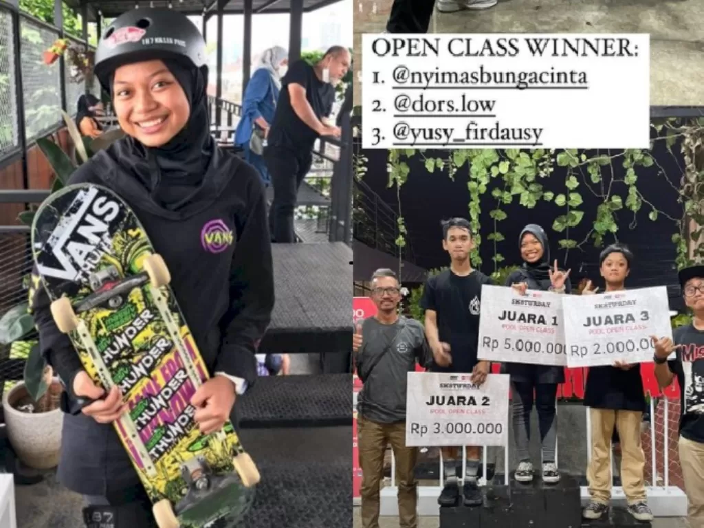 Kiri: Nyimas Bunga Cinta yang menjadi juara pertama di SK8TURDAY. (INDOZONE/M Fadli), kanan: para juara Open Class. (Instagram/@crooz.id)