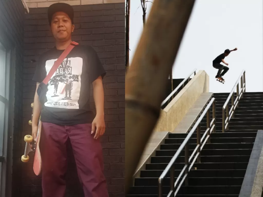 Kiri: Samuel Anoy dari Cengkareng Skateboard (INDOZONE/M Fadli), kanan: aksi salah satu anggota Skate Board saat bermain street skate. (Instagram/@cengkarengskateboard).