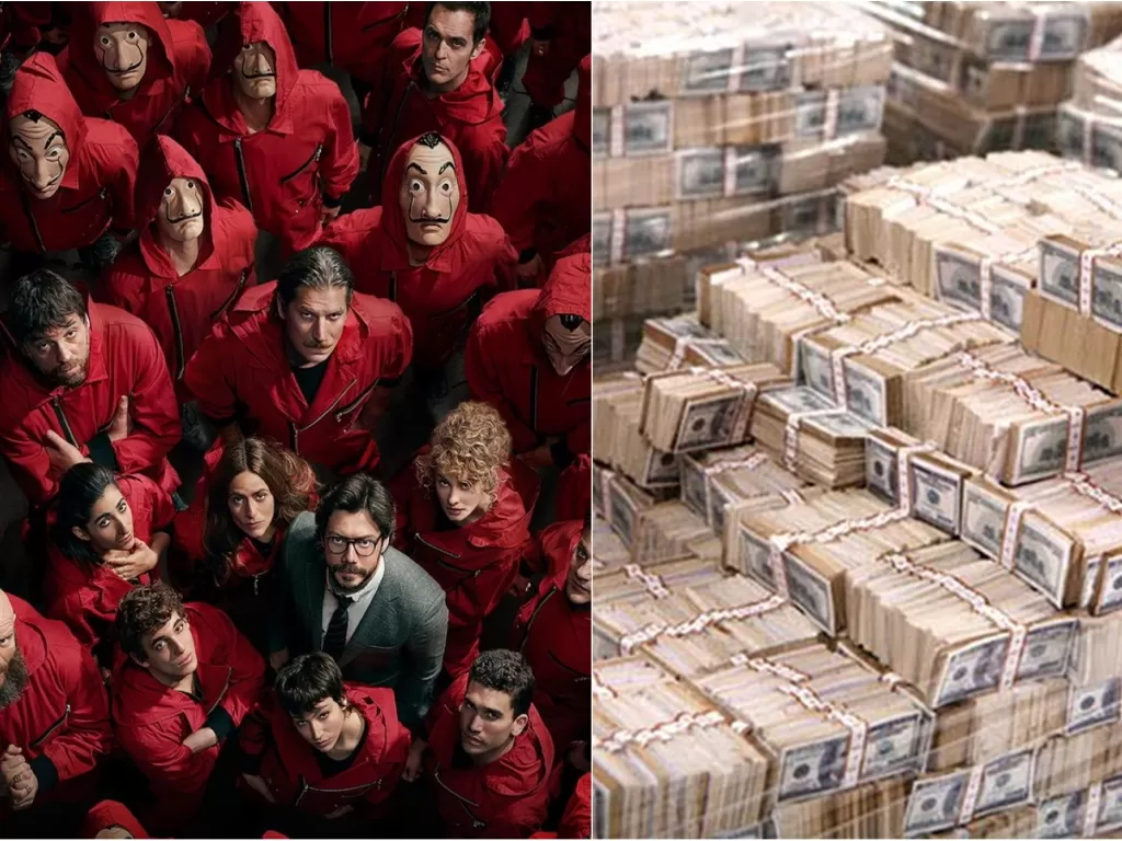 Kiri: Serial Money Heist (Netflix) / Kanan: Ilustrasi uang perampokan (Modern Classic)