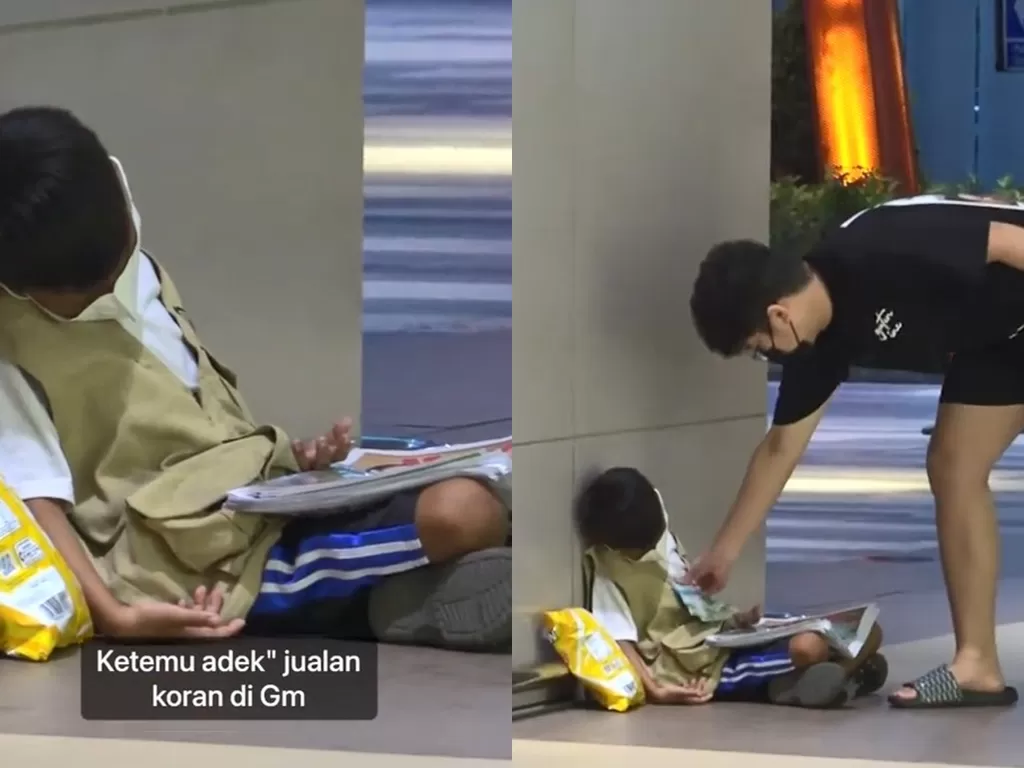 Anak penjual koran yang tertidur di pelataran mall. (TikTok/fayneee)
