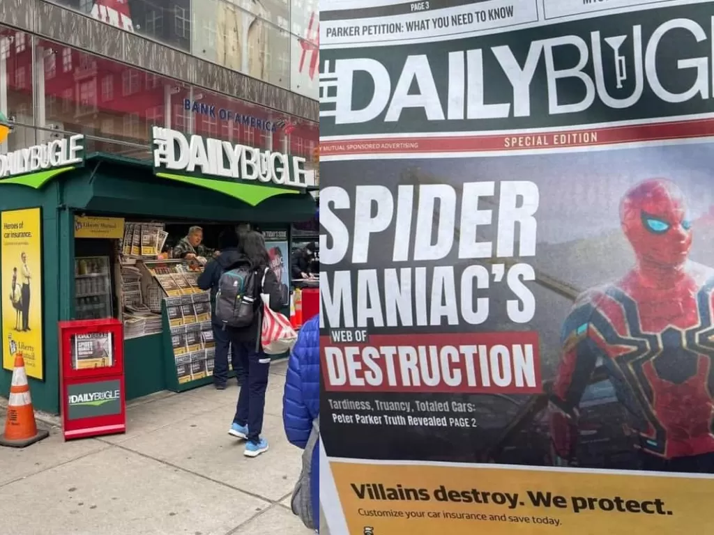Promo marketing untuk Spiderman No Way Home buat loper koran Daily Bugle di New York. (Instagram/@GilaFilm).