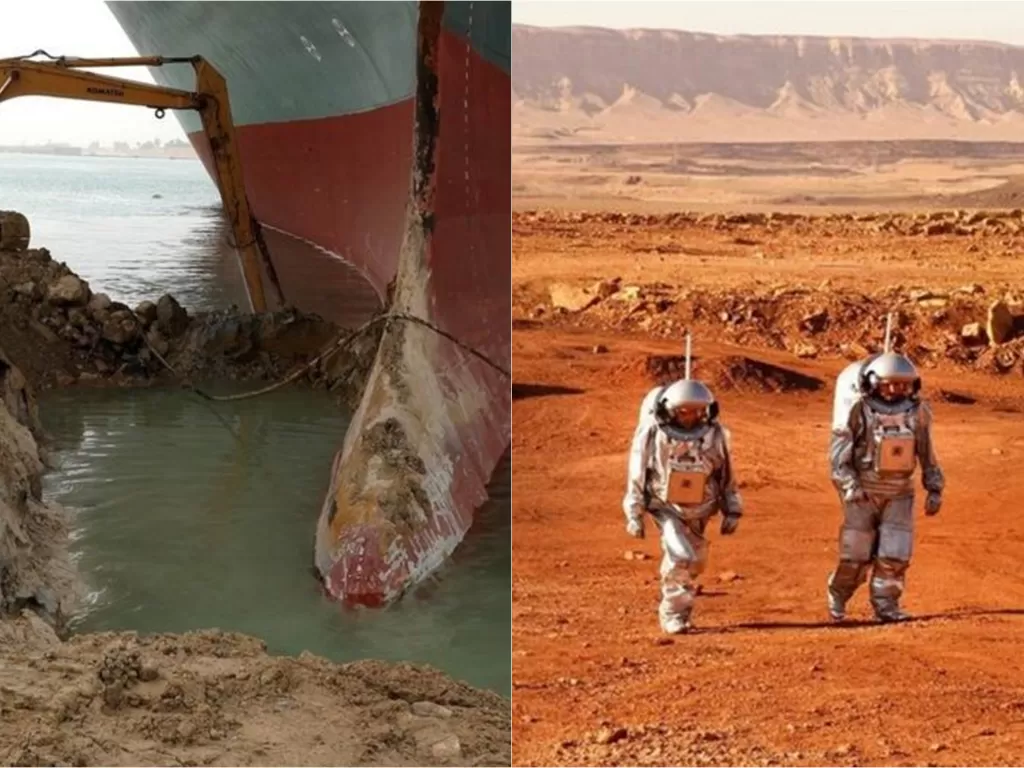 Kiri: Kapal tersangkut di Terusan Suez (EPA) | Kanan: Astronot Israel (Getty Images via BBC)