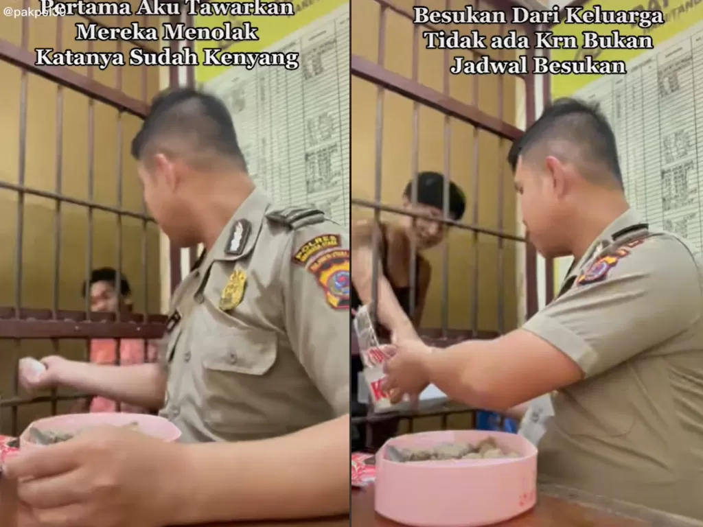  Cuplikan video polisi baik hati yang berbagi makanan kepada tahanan di penjara. (photo/TikTok)
