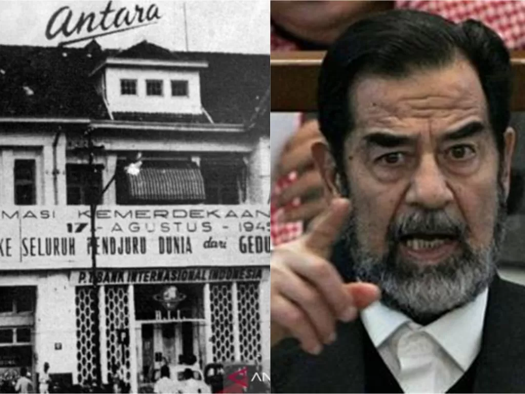 Kiri: Gedung Kantor Berita ANTARA 1945 (Antara) | Kanan: Saddam Hussein (REUTERS)