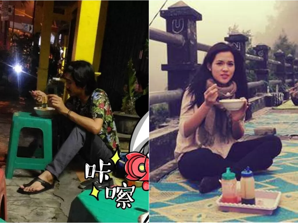 Duta Sheila On 7 saat makan mie ayam lesehan. (Instagram/@lambe_turah) / Raisa saat makan bakso di pinggir jalan. (Instagram/@raisa6690)