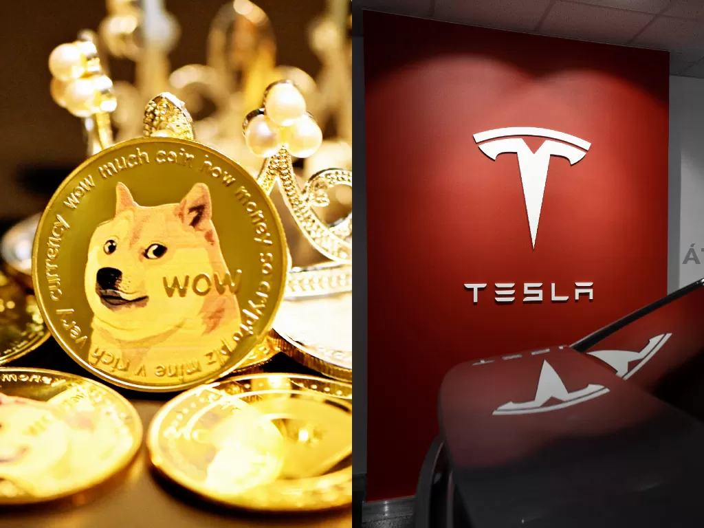 Ilustrasi tampilan mata uang digital Dogecoin dan logo Tesla (Ilustrasi/Unsplash/Executium/Milan Csizmadia)