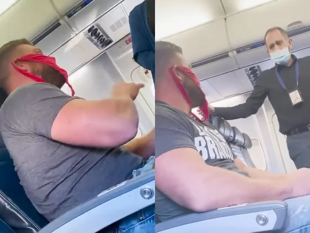 Pria yang pakai masker dari celana dalam wanita di dalam pesawat. (Twitter/Channing_TV)