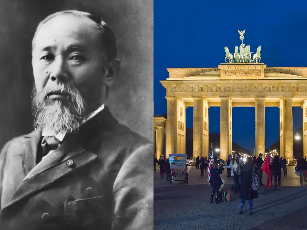 Kiri: PM Jepang pertama, Ito Hirobumi (Wikipedia) | Kanan: Gerbang Brandenburg Berlin (Wikipedia)