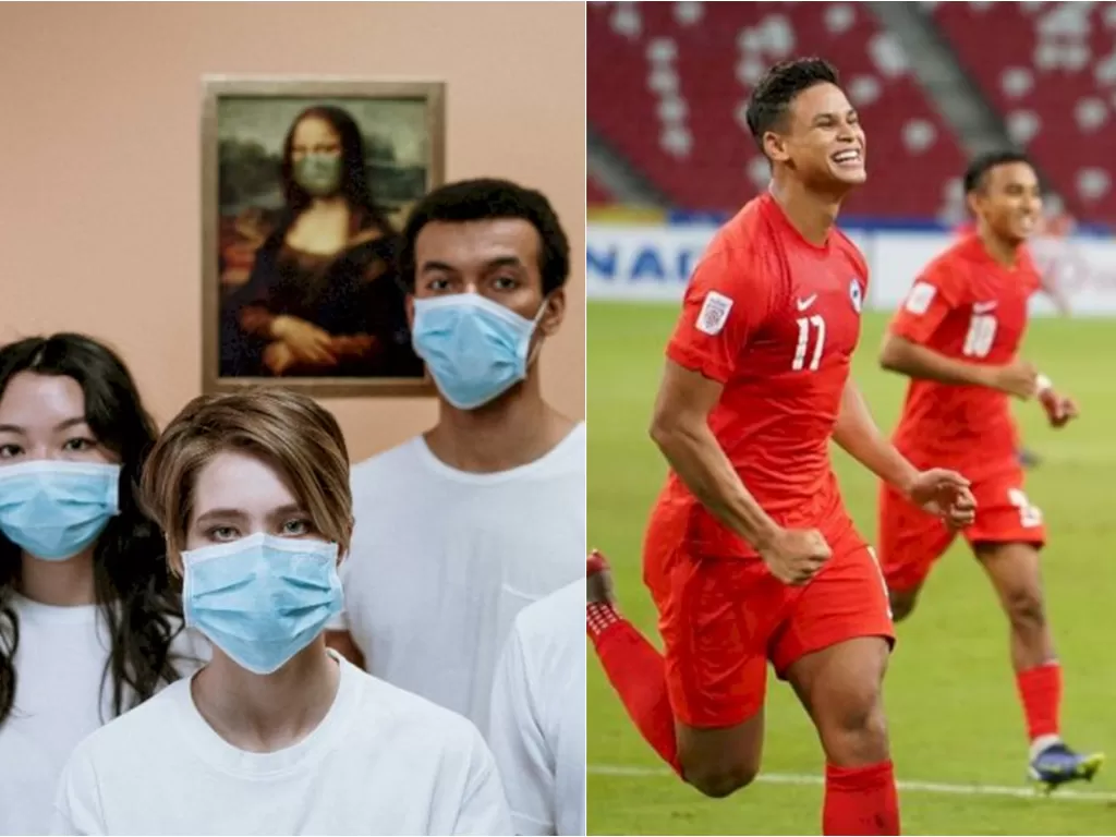 Kiri: Masker (Foto oleh cottonbro dari Pexels) / Kanan: Para pemain timnas Singapura di Piala AFF 2020 (Instagram/affsuzukicup)