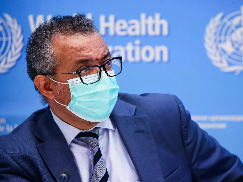 Tedros Adhanom Ghebreyesus, Direktur Jenderal Organisasi Kesehatan Dunia (WHO), menghadiri konferensi pers di Jenewa, Swiss. (REUTERS/DENIS BALIBOUSE)