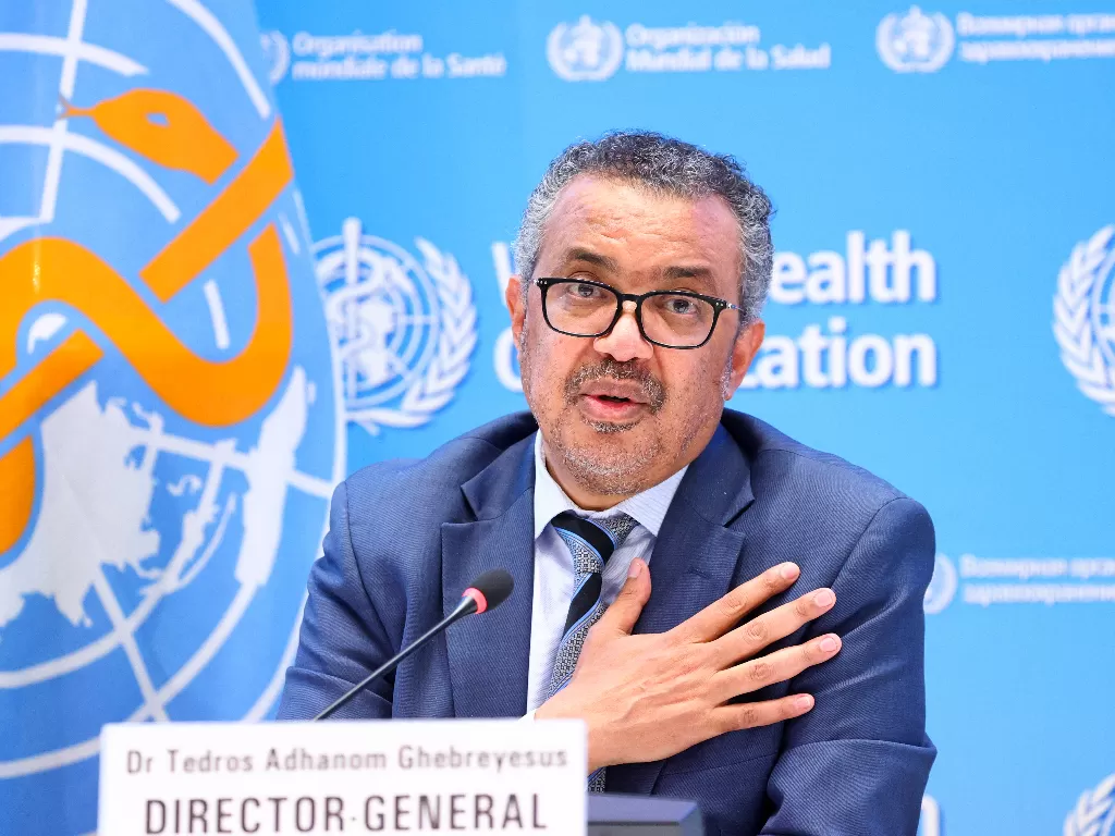 Tedros Adhanom Ghebreyesus, Direktur Jenderal Organisasi Kesehatan Dunia (WHO), berbicara dalam konferensi pers di Jenewa, Swiss. (REUTERS/DENIS BALIBOUSE)