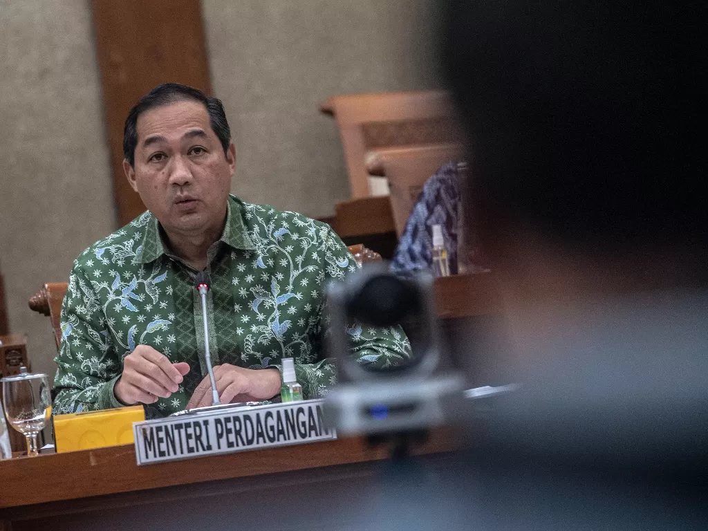 Menteri Perdagangan Muhammad Lutfi menyampaikan paparannya saat mengikuti Raker dengan Komisi VI DPR di Kompleks Parlemen, Jakarta, Senin (13/12/2021). (ANTARA FOTO/Muhammad Adimaja)