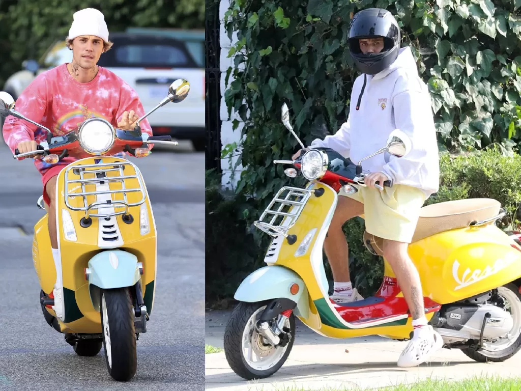 Justin Bieber saat mengendari skuter Vespa (photo/Tumblr/Backgrid)