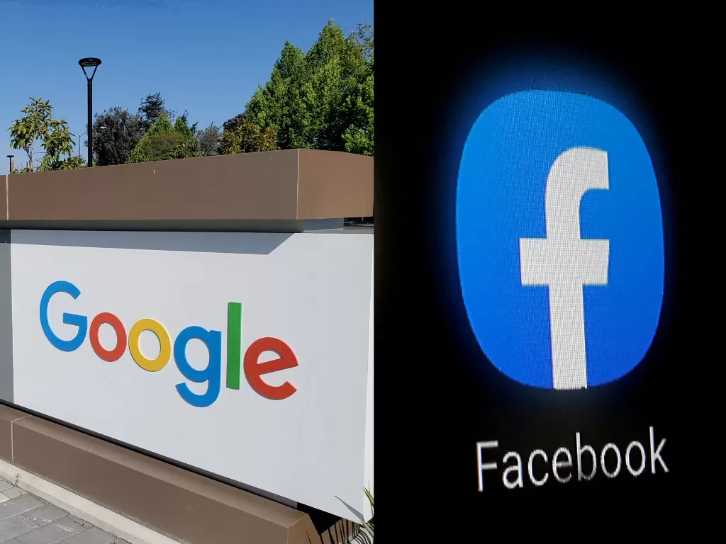 Kiri: Logo Google, kanan: Logo Facebook. (REUTERS/Paresh Dave/Dado Ruvic)