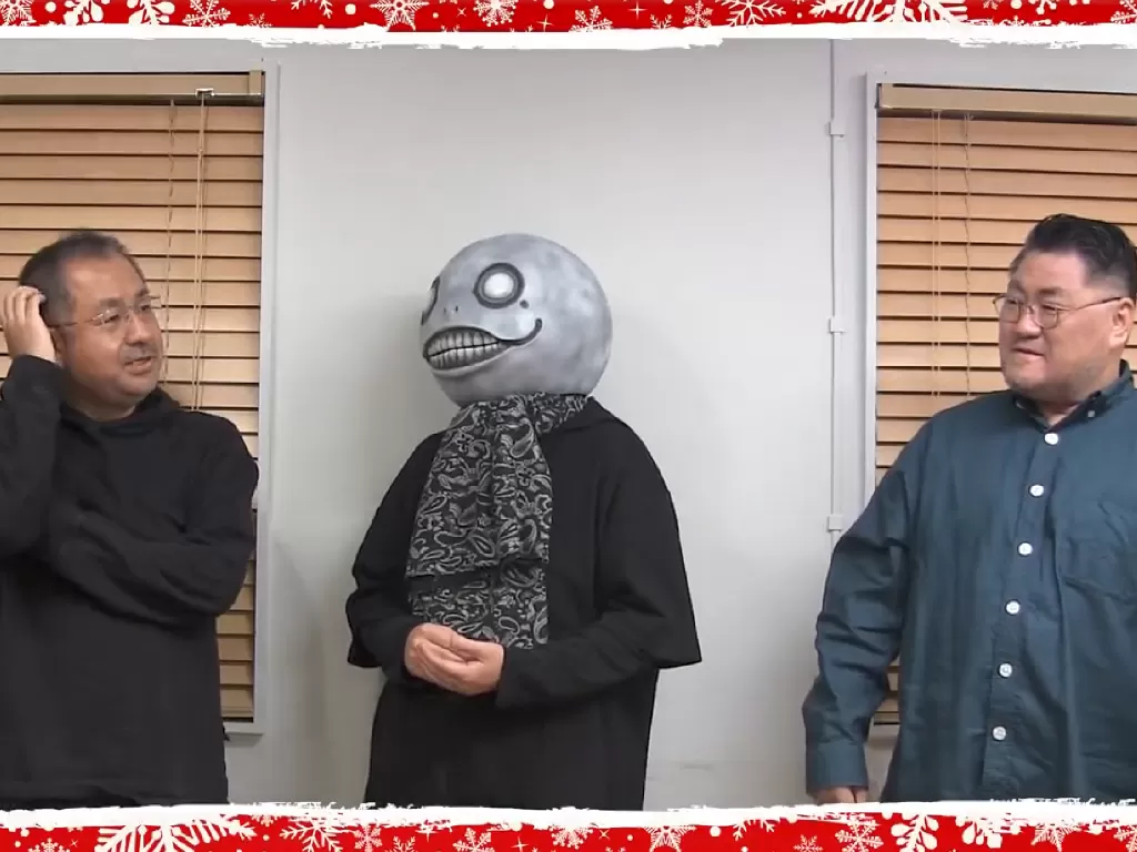 Yosuke Saito, Yoko Taro, dan Keiichi Okabe di video ucapan natalnya (photo/Twitter/@NieRGame)