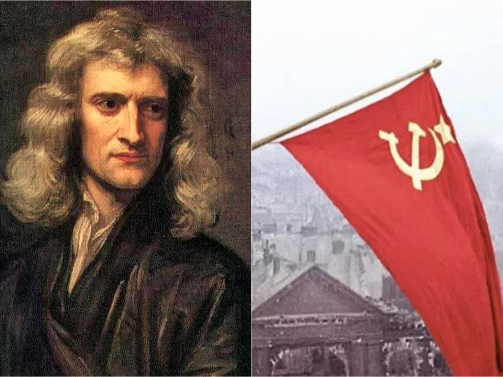 Kiri: Isaac Newton (Istimewa) | Kanan: Bendera Uni Soviet. (Istimewa)