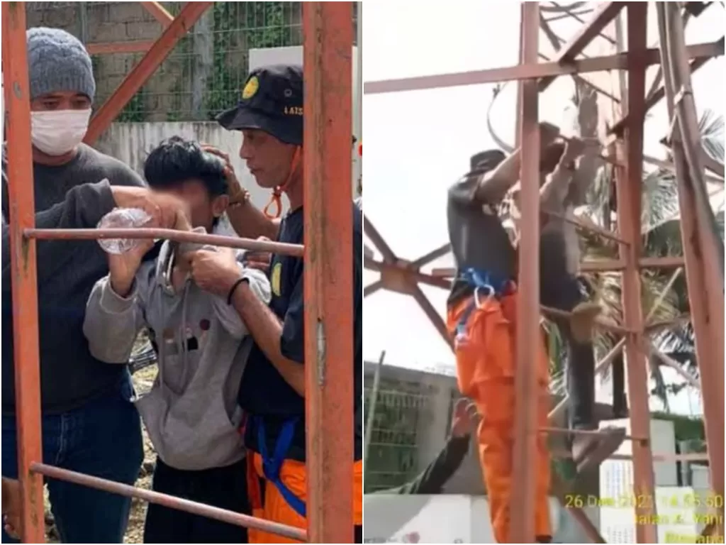 Cuplikan video remaja yang nekat memanjat menara BTS karena putus cinta dan tak dibelikan sepeda motor. (photo/Istimewa)