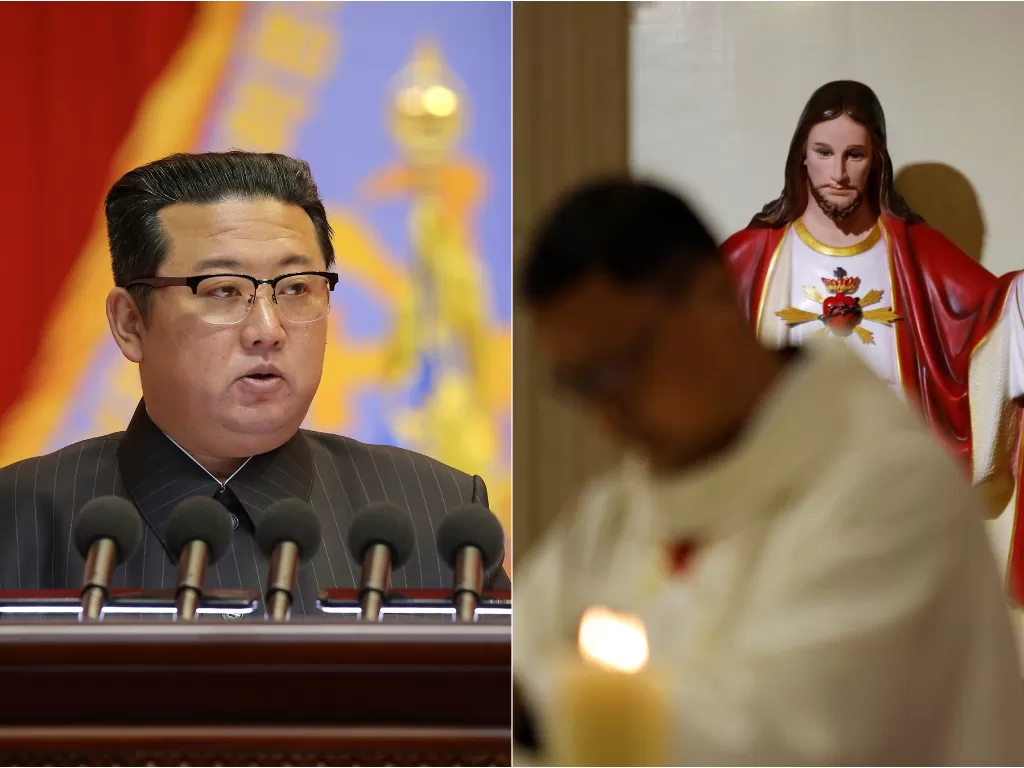 Kiri: Kim Jong Un (KCNA via REUTERS) / Kanan: Perayaan Natal di Beijing (Ilustrasi/REUTERS/Florence Lo)