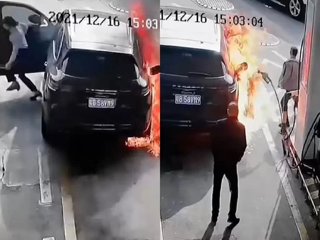 Rekaman CCTV saat mobil Porsche di SPBU China dibakar orang tak dikenal (photo/NewsFlare via DailyMail)