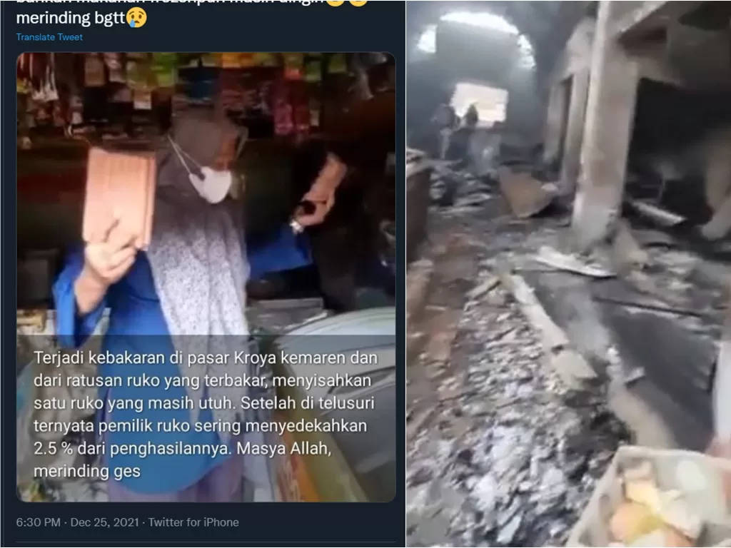 Sebuah kios di Pasar Kroya Cilacap tidak tersentuh api saat yang lainnya hangus (Twitter/@AREAJULID/@itzavibes)
