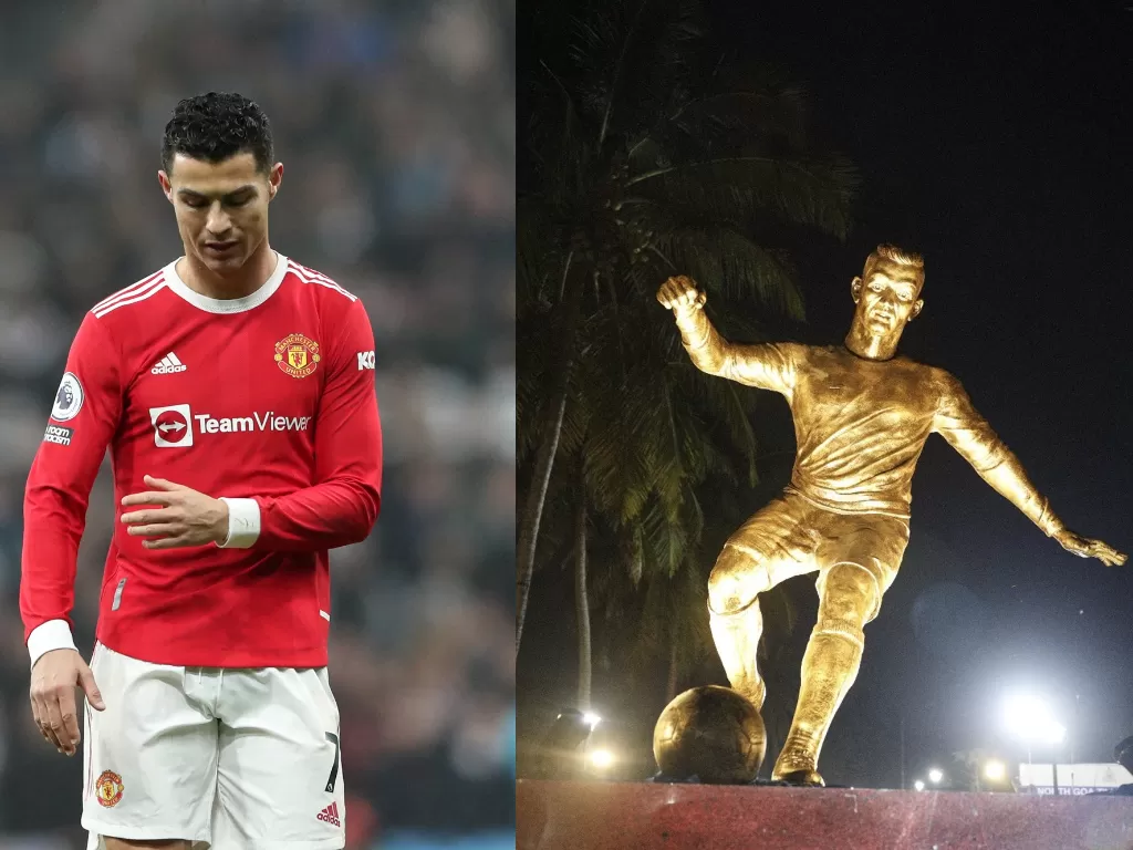 Cristiano Ronaldo (kiri), patung Cristiano Ronaldo di India (kanan) (REUTERS/Scott Heppell/Twitter/MichaelLobo76)