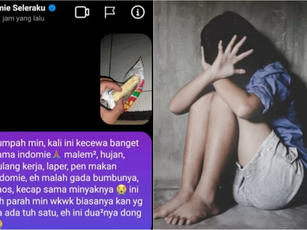 Kiri: Penampakan1 dus mie instan yang dikirim pihak Indomie. (Facebook/Edwin Achmad) / Kanan: Ilustrasi anak korban pemerkosaan. (Foto: The Week)