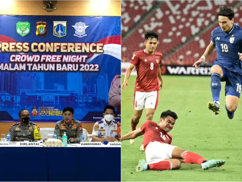 Kiri: Konferensi pers Polda Metro Jaya terkait CFN di Jakarta saat malam tahun baru. (INDOZONE/Samsudhuha Wildansyah) / Kanan: Pesepak bola Timnas Indonesia Asnawi Mangkualam (kedua kanan) menghalau bola dari pesepak bola Timnas Thailand (ANTARA FOTO/Flon