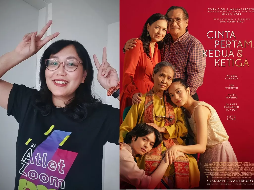 Kiri: Sutradara dan penulis naskah Gina S Noer. (Instagram/@ginasnoer), kanan: Poster film Cinta Pertama, Kedua, dan ketiga. (Instagram/@cinta123film).