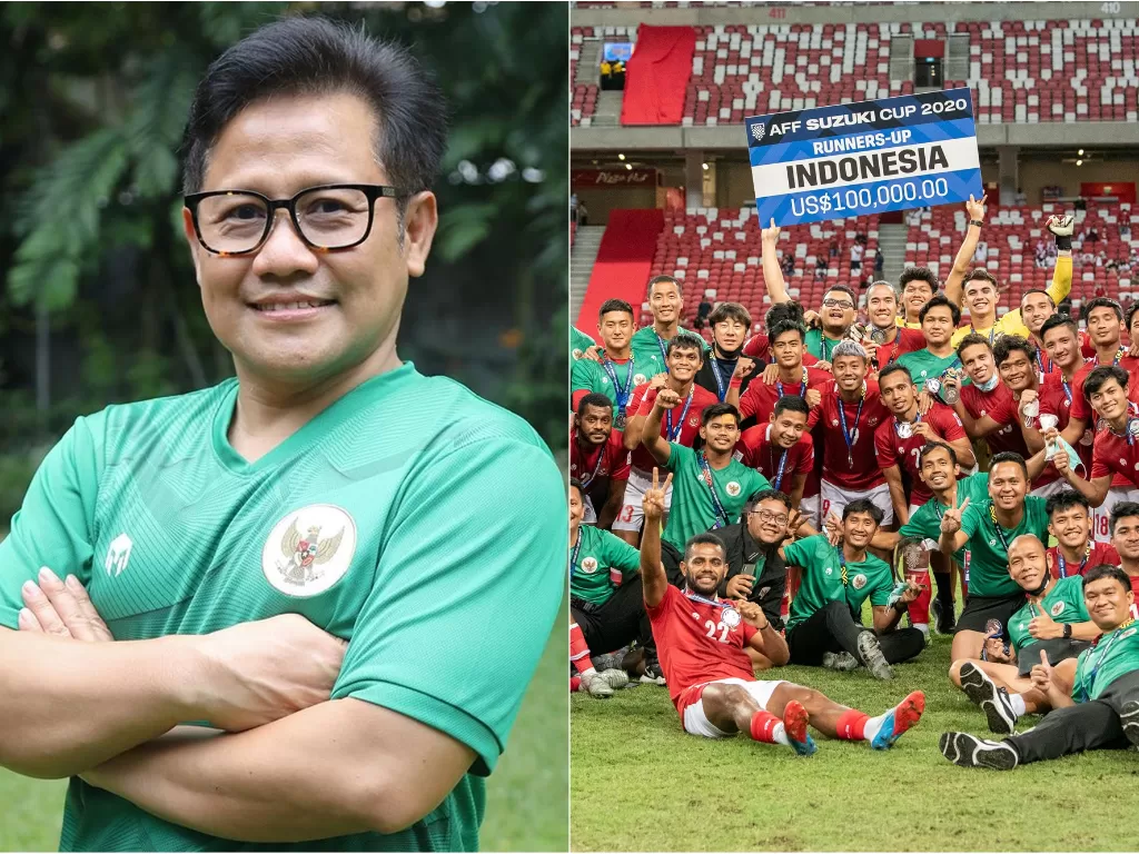 Kiri: Ketum PKB, Abdul Muhaimin Iskandar (Instagram/@cakiminow) / Kanan: Sejumlah pesepak bola dan tim pelatih Timnas Indonesia berfoto bersama (ANTARA FOTO/Flona Hakim)