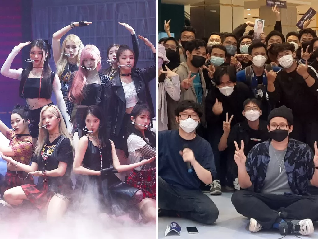 Kiri: Grup debut Kep1er. (Twitter/@kep1er), kanan: Para kpopers yang membuat acara debut party Kep1er. (INDOZONE). 