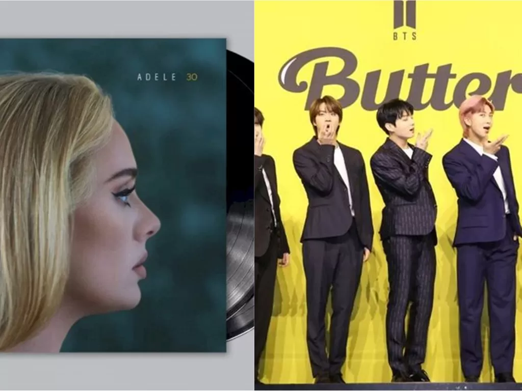 Kiri: Cover album 30 milik Adele (Istimewa) | Kanan: Cover single Butter milik BTS (Istimewa)