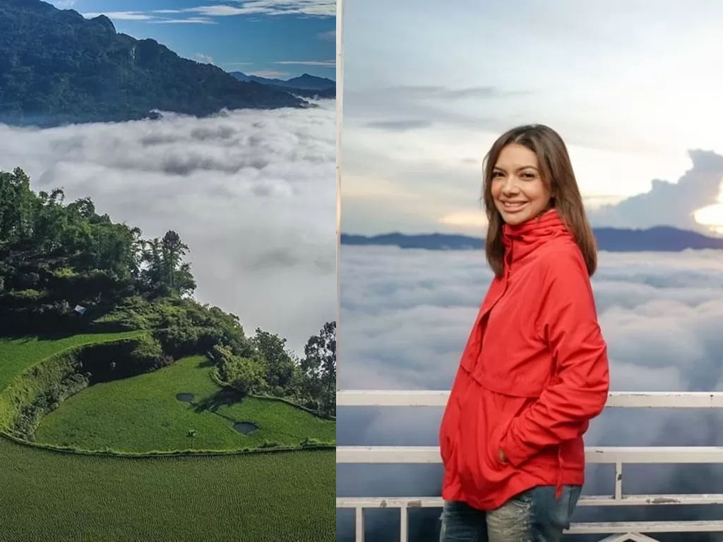 Kolase panorama Puncak Lolai dan potret Najwa Shihab saat liburan (instagram/zulfiandi_beddu/najwashihab)